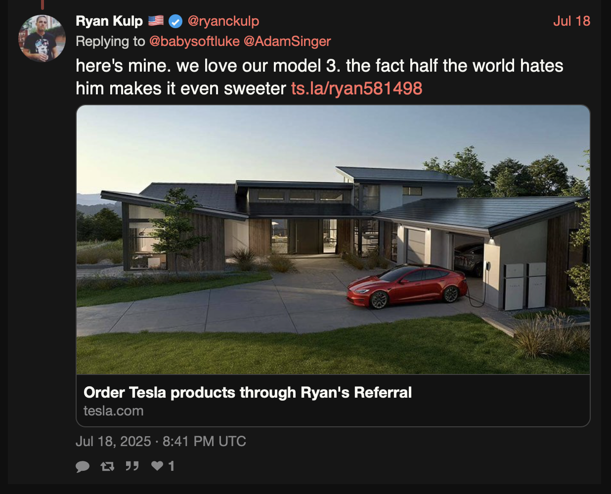 A screenshot of a conversation on Twitter in which Ryan Kulp shows a photo of a Tesla Model 3 and says "here's mine. We love our model 3. The fact that the world hates him makes it even sweeter"