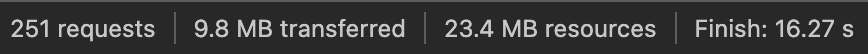 Nuxt website stats: 251 requests, 9.8 MB transferred (23.4 MB total resources), Finish: 16.27 seconds