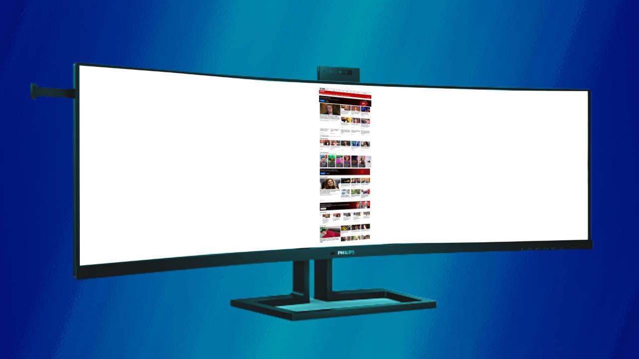 ultra-wide monitor with comically small website in the middle